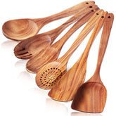 FunCee 6-pack wooden spoons with heat-resistant teak for cooking and serving.