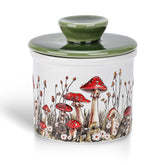 Fungi Fun mushroom butter crock with lid keeps butter fresh on the counter.