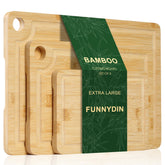 Funnydin bamboo cutting board set of 3 in three sizes for versatile kitchen prep.