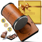 FUTTEQ tumbler knife sharpener setup showing the compact walnut housing for precise sharpening.