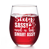 Futtumy sixty-sassy wine glass side view for festive 60th birthday toasts.