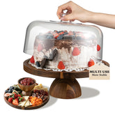 Fyctio acacia wood cake stand with lid, elegant dessert display.