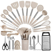 Fyvva large cooking utensils set with holder keeps tools organized for quick access.