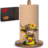 GAJ Highland Cow Paper Towel Holder front view enhances rustic kitchen decor.