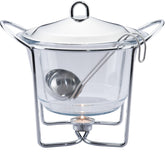 Galashield 4-quart soup warmer with glass dish keeps buffet soups warm.