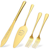 Galaxozent gold wedding knife close-up highlighting engraving and mirror finish for luxe dessert presentation.