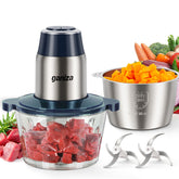 Ganiza blue food processor front view on a kitchen counter.
