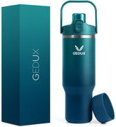 Gedux 32oz tumbler with gradient blue finish and carry handle for travel-friendly hydration