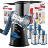 Geedel rotary cheese grater with handle for safe, stable shredding.