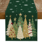 Geeory Christmas table runner on a green tablescape, ideal for holiday gatherings.