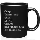 Gelid Circus Monkeys mug front view with bold message for a playful morning boost.