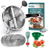 Gemfino stainless steel food mill with three discs for versatile textures.