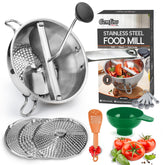 Gemfino stainless steel food mill with three discs for versatile textures in sauces and purees