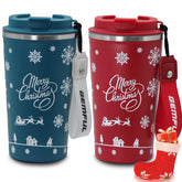 Gemful Christmas travel mug blue strap for easy on the go sipping.