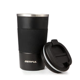 GEMFUL travel mug with lid, ergonomic grip for hot drinks.