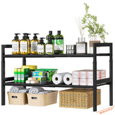 GEMWON under-sink organizer extended length fits wider cabinets for versatile storage.