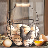 Generic wire egg basket with wooden handle showcases fresh eggs with rustic farmhouse charm.