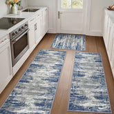 GENIMO kitchen rugs front view shows abstract blue ivory design with waterproof, stain-resistant performance.