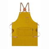Genixart chef apron cross-back yellow front, durable cotton canvas for everyday cooking and protection.
