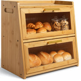 Gennua Kitchen extralarge bamboo bread box on counter with two tiers for extra storage.