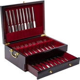 GENRICE wooden silverware chest with a sturdy handle for easy lifting and storage.