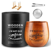 GENUINED engraved wooden whiskey glass with unique grain for premium bourbon tasting.