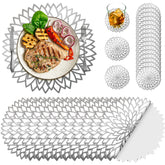 Geosar 200 disposable silver placemats, round hollow design, ideal for elegant gatherings.