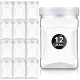 Gerrii 12-pcs clear storage jars with lids showing wide-mouth design for easy filling and dispensing