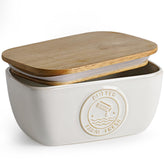 Getstar ceramic butter dish with acacia lid for fresh, convenient storage