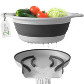 Gevoli collapsible colander base enables direct sink drainage even when full.