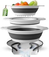 Gevoli collapsible colanders on over-sink base draining hot pasta efficiently.