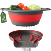 Gevoli strainer with self-draining base in red and gray for efficient water drainage.