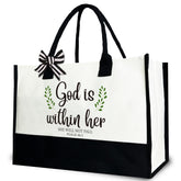 Gezred God Is Within Her tote bag front view with inspirational design for daily faith.