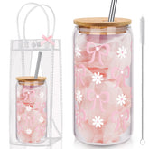 Giesiery Coquette bow glass with bamboo lid for stylish daily sipping