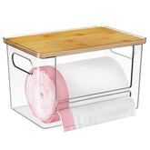 Ginnerella Trash Bag Holder front view with bamboo top keeps bags organized.