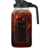 Glabotoil 64oz glass pitcher with handle and lid, ideal for fresh juice serving.