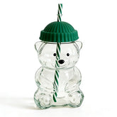 Glass Bear Cup 20oz with lid and straw, perfect for iced coffee and tea on the go.