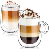 Glastal double-walled mug with handle showing 12 oz capacity and heat-safe design.