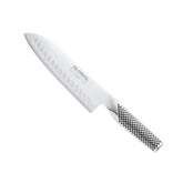 Global Santoku Knife blade close-up with razor-sharp hollow-ground edge for precise slicing.