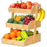 Gmtsl bamboo fruit basket 3-tier on kitchen counter for organized produce.