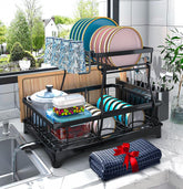 Godboat two-tier dish drying rack on counter keeps dishes organized and dry