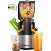 Godspeeds juicer showing the 5.8-inch feed chute for whole-fruit juicing