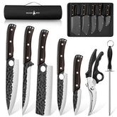 Golden Bird knife set with roll bag, organized for travel and camping.