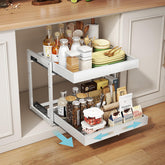 Golener 2-Tier expandable pull-out organizer front view with adjustable width for tight cabinets.
