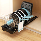 Golener extendable-depth under cabinet organizer for deep cookware and lids.