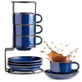 Gomakren cobalt blue 6oz cappuccino cups with saucers, elegant home coffee ritual.