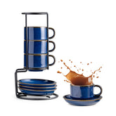 Gomakren cobalt blue espresso cups set on a rack for organized coffee service.