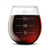 Gone For a Run Runner's Measurements stemless wine glass with an engraved design for post-run celebration.