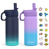 Gonfoam kids bottle with blue and purple stickers promotes playful hydration at school