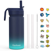 Gonfoam navy kids water bottle with straw and lid for safe sipping on the go.
